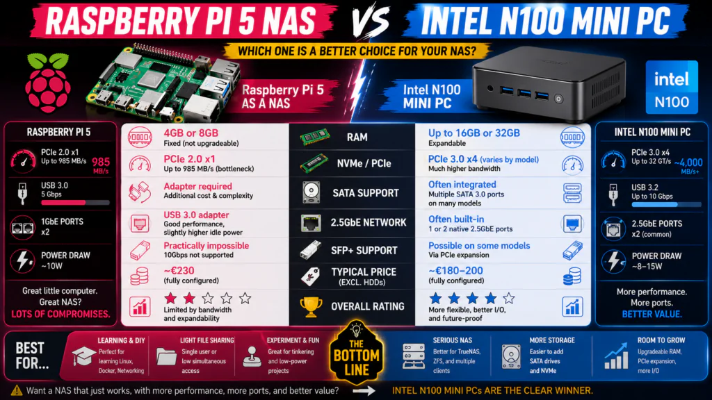 Raspberry Pi 5 vs Intel N100 Mini PC specification and cost comparison table.